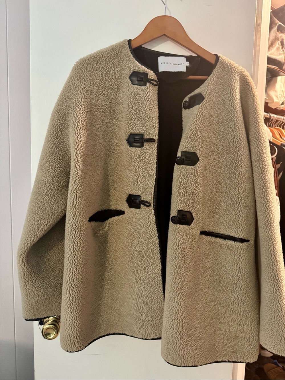 Rebecca Minkoff Taupe Sherpa Coat with Black Trim 🐻